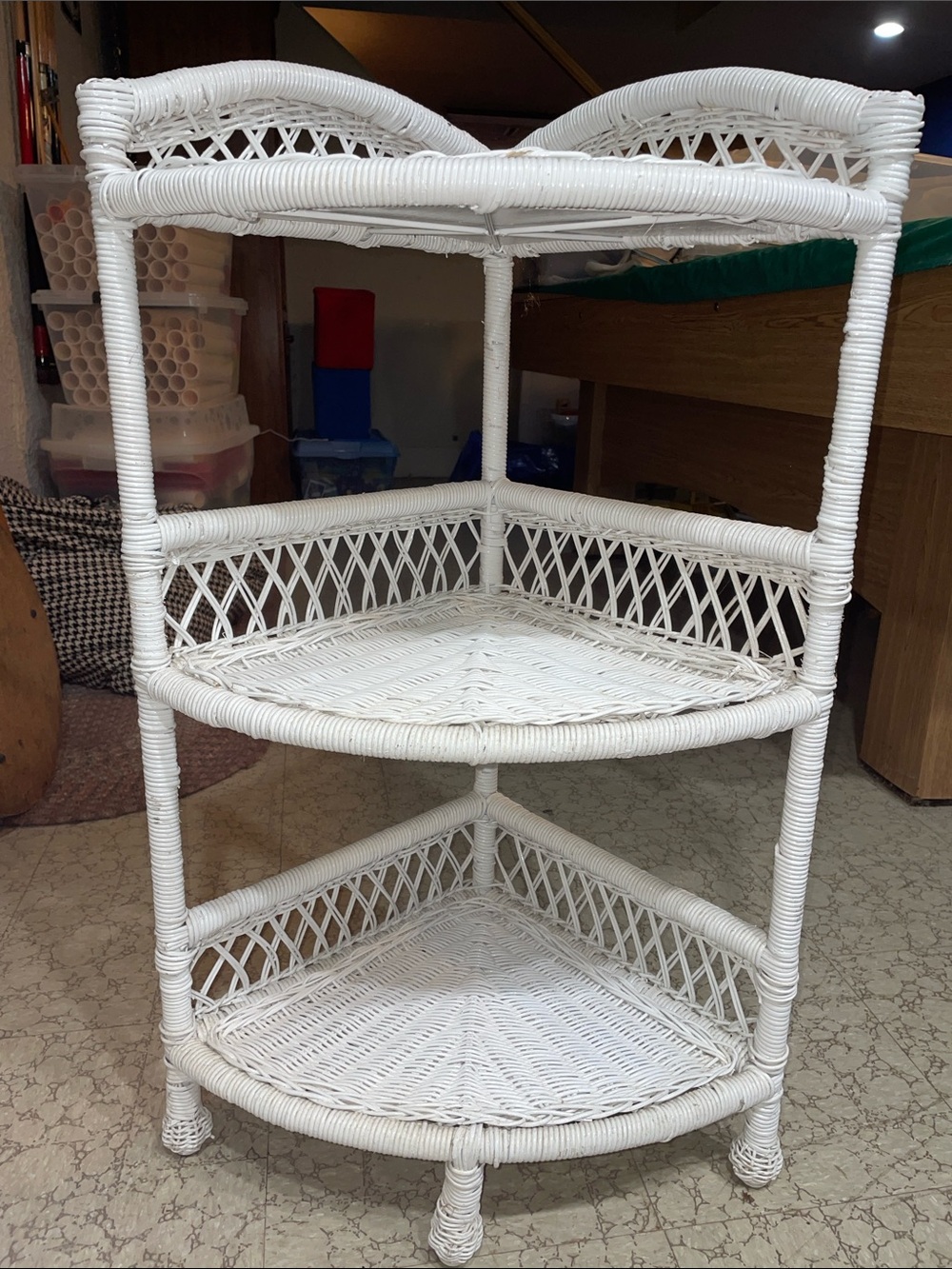 Three-Tier White Wicker Corner Shelf